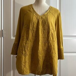 Gretzky Ziegler Gold Embroidered V-Neck Blouse Size Large